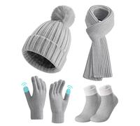 Schal Mütze Handschuhe Set Damen, 4pcs Gestrickt Mütze Schal Set mit Touchscreen Handschuhe Baumwoll Socken, Super Weiche Und Warme Beanie Ski Mütze Schal Geschenkset für Frauen Outdoor Sports