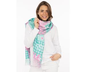 Schal ZWILLINGSHERZ "Printclash Smile", Damen, türkis, Web, Obermaterial: 100% Polyester, Modetücher Schal, mit Fransen, Mustermix und Schriftzug (33832932-0) türkis