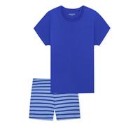 Shorty SCHIESSER "Casual Essentials", Damen, Gr. 42, 819, blau, Single Jersey, Obermaterial: 100% Baumwolle, Basic kurz, Rundhals, Homewear-Sets Shorty, mit unifarbenem Shirt und gestreifter Hose (365