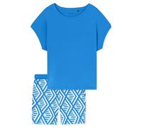 Schiesser Damen Schlafanzug kurz Modern Nightwear Interlock Baumwolle Modal Loose Fit Oberteil Aquariumblau Hose mit Muster Sommer Nachtwäsche 182543-813