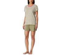 Shorty SCHIESSER "Casual Essentials", Damen, Gr. 40, 108, weiß, Single Jersey, Obermaterial: 100% Baumwolle, Basic kurz, Rundhals, Homewear-Sets Shorty, mit unifarbenem Shirt und gestreifter Hose (196