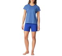 Shorty SCHIESSER "Casual Essentials", Damen, Gr. 44, 833, blau, Single Jersey, Obermaterial: 100% Baumwolle, Basic kurz, Rundhals, Homewear-Sets Shorty, mit unifarbenem Shirt und gestreifter Hose (453