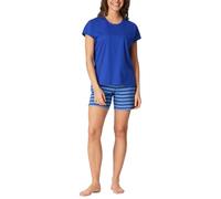 Shorty SCHIESSER "Casual Essentials", Damen, Gr. 46, 819, blau, Single Jersey, Obermaterial: 100% Baumwolle, Basic kurz, Rundhals, Homewear-Sets Shorty, mit unifarbenem Shirt und gestreifter Hose (365