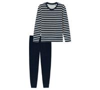 Schlafanzug SCHIESSER "Casual Essentials", Damen, Gr. 46, blau (nachtblau), Frottee, Obermaterial: 80% Baumwolle, 20% Polyester, bequem lang, Rundhals, Homewear-Sets, wärmende Frottee-Qualität, Rundha