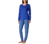 Schlafanzug SCHIESSER "Casual Essentials", Damen, Gr. 40, 819, blau, Single Jersey, Obermaterial: 100% Baumwolle, bequem lang, Rundhals, Homewear-Sets Schlafanzug, mit eingefasster, runder Halsausschn