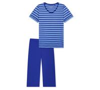 Schlafanzug SCHIESSER "Casual Essentials", Damen, Gr. 42, 819, blau, Single Jersey, Obermaterial: 100% Baumwolle, regular fit 3/4-Länge, V-Ausschnitt, Homewear-Sets Schlafanzug, mit modisch umgeschlag