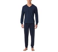 Pyjama SCHIESSER "Comfort Essentials", Herren, Gr. 54, blau (804, blau), Single Jersey, Obermaterial: 100% Baumwolle, bequem lang, V-Ausschnitt, Homewear-Sets Pyjama, V-Ausschnitt, Brusttasche, Baumwo