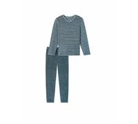 Schlafanzug lang Frottee Streifen jeansblau - Casual Nightwear 56