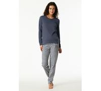 Schlafanzug SCHIESSER "Casual Essentials", Damen, Gr. 44, blau (jeansblau), Single Jersey, Obermaterial: 100% Baumwolle, casual, bequem lang, Rundhals, Langarm angesetztes Bündchen, Homewear-Sets, Bau