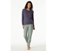 Schlafanzug SCHIESSER "Casual Essentials", Damen, Gr. 42, blau (indigo), Single Jersey, Obermaterial: 100% Baumwolle, casual, bequem lang, Rundhals, Langarm angesetztes Bündchen, Homewear-Sets, Baumwo