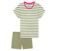 Shorty SCHIESSER "Casual Essentials", Damen, Gr. 42, 108, weiß, Single Jersey, Obermaterial: 100% Baumwolle, Basic kurz, Rundhals, Homewear-Sets Shorty, mit unifarbenem Shirt und gestreifter Hose (196