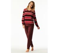 Schlafanzug lang Velour Bündchen Ringel burgund - Comfort Nightwear 40