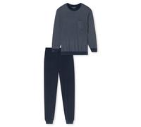 Schlafanzug SCHIESSER "Comfort Essentials", Herren, Gr. 50, blau (804, nachtblau), Single Jersey, Obermaterial: 100% Baumwolle, gestreift, unifarben, regular fit lang, Rundhals, Homewear-Sets Schlafan