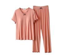 Schlafanzüge Für Damen Damen-Pyjama-Set, 2 passende Sets, kurzärmliges Oberteil und Hosen-Set mit Taschen Schlafanzug Set Sexy Pyjama Für Frauen Baumwolle (Orange, XXL)