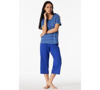 Schlafanzug SCHIESSER "Casual Essentials", Damen, Gr. 38, 819, blau, Single Jersey, Obermaterial: 100% Baumwolle, regular fit 3/4-Länge, V-Ausschnitt, Homewear-Sets Schlafanzug, mit modisch umgeschlag