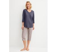 Schlafanzug CALIDA "Blooming Nights", Damen, Gr. L (48/50), blau (graystone), Single Jersey, Obermaterial: 100% Baumwolle, bequem 3/4-Länge, V-Ausschnitt, Homewear-Sets Schlafanzug, V-Ausschnitt, Baum