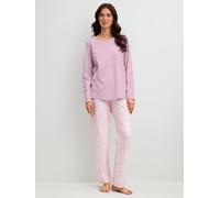 Schlafanzug CALIDA "Blooming Nights", Damen, Gr. L (48/50), rosa (fragrant lila), Single Jersey, Obermaterial: 100% Baumwolle, bequem lang, Rundhals, Homewear-Sets Schlafanzug, Streifen-Design, Single