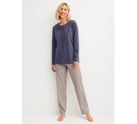 Schlafanzug CALIDA "Blooming Nights", Damen, Gr. XL (52/54), blau (graystone), Single Jersey, Obermaterial: 100% Baumwolle, bequem lang, Rundhals, Homewear-Sets Schlafanzug, Streifen-Design, Single Je