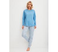 Schlafanzug CALIDA "Cotton Special", Damen, Gr. L (48/50), blau (riviera blau), Single Jersey, Obermaterial: 100% Baumwolle, gemustert, unifarben, bequem lang, Rundhals, gerader Abschluss, Homewear-Se