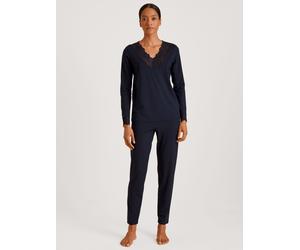 Schlafanzug CALIDA "Elegant Dreams", Damen, Gr. XS (36/38), blau (schwarz lapis blau), Single Jersey, Obermaterial: 95% Modal (TENCEL™), 5% Elasthan, leicht transparent, unifarben, comfort fit lang, V