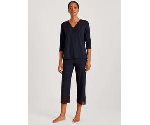 Schlafanzug CALIDA "Elegant Dreams", Damen, Gr. XXS (32/34), blau (harmony blau), Single Jersey, Obermaterial: 95% Modal (TENCEL™), 5% Elasthan, leicht transparent, unifarben, comfort fit 7/8-Länge, V