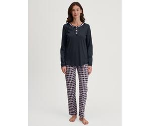 Schlafanzug CALIDA "Family & Friends", Damen, Gr. M (44/46), schwarz sapphire, Interlock, Obermaterial: 100% Baumwolle, bequem lang, Serafino, Homewear-Sets Schlafanzug, Knopfleiste, Pure Cotton, Lang