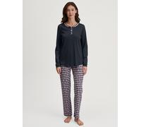 Schlafanzug CALIDA "Family & Friends", Damen, Gr. S (40/42), blau (schwarz sapphire), Interlock, Obermaterial: 100% Baumwolle, bequem lang, Serafino, Homewear-Sets Schlafanzug, Knopfleiste, Pure Cotto