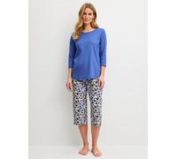 Schlafanzug CALIDA "Flower Dreams", Damen, Gr. S (40/42), blau (deep cobalt), Interlock, Obermaterial: 100% Baumwolle, Homewear-Sets Schlafanzug (70463832-S) deep cobalt