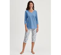 Capri-Pyjama CALIDA "Flower Nights", Damen, Gr. M (44/46), blau (riviera blau), Single Jersey, Obermaterial: 100% Baumwolle, casual, bequem 3/4-Länge, V-Ausschnitt, 3/4-Ärmel, Homewear-Sets, V-Ausschn