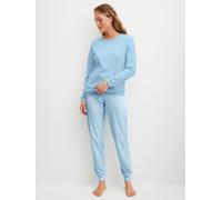Schlafanzug CALIDA "Lovely Nights", Damen, Gr. L (48/50), cascade blau, Single Jersey, Obermaterial: 100% Baumwolle, bequem lang, Rundhals, angesetztes Bündchen, Homewear-Sets Schlafanzug, Oberteil un
