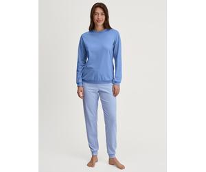 Schlafanzug CALIDA "Lovely Nights", Damen, Gr. M (44/46), blau (hydrangea blau), Single Jersey, Obermaterial: 100% Baumwolle, gestreift, bequem lang, Rundhals, angesetztes Bündchen, Homewear-Sets Schl
