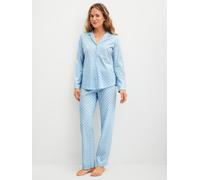 Schlafanzug CALIDA "Lovely Nights", Damen, Gr. XS (36/38), cascade blau, Single Jersey, Obermaterial: 100% Baumwolle, bequem lang, V-Ausschnitt, Homewear-Sets Schlafanzug, mit langen Ärmeln, Knöpfe, A