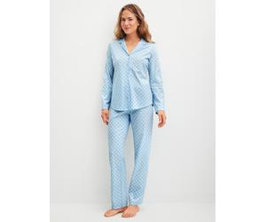 Schlafanzug CALIDA "Lovely Nights", Damen, Gr. XS (36/38), cascade blau, Single Jersey, Obermaterial: 100% Baumwolle, bequem lang, V-Ausschnitt, Homewear-Sets Schlafanzug, mit langen Ärmeln, Knöpfe, A