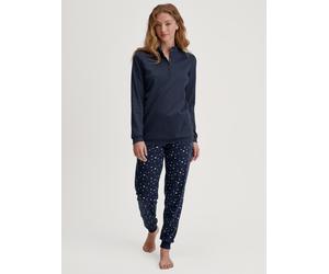 Schlafanzug CALIDA "Midnight Dreams", Damen, Gr. XS (36/38), peacoat blau, Single Jersey, Obermaterial: 100% Baumwolle, bequem lang, V-Ausschnitt, Homewear-Sets Schlafanzug, V-Ausschnitt, Langarm, Sin