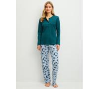Schlafanzug CALIDA "Midnight Flowers", Damen, Gr. XS (36/38), grün (schwarz petrol), Interlock, Obermaterial: 100% Baumwolle, Homewear-Sets Schlafanzug (91430213-XS) schwarz petrol