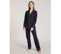 Schlafanzug CALIDA "Night Lovers", Damen, Gr. L (48/50), blau (schwarz lapis blau), Interlock, Obermaterial: 100% Baumwolle, bequem lang, V-Ausschnitt, Homewear-Sets Schlafanzug, Knopfleiste, Pure Cot