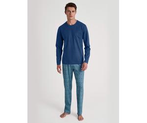 Schlafanzug CALIDA "Relax Imprint 1", Damen, Gr. S (46/48), blau (pottery blau), Single Jersey, Obermaterial: 100% Baumwolle, relaxed fit lang, Rundhals, Homewear-Sets Schlafanzug, Langarm-Shirt & Hos