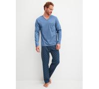 Schlafanzug CALIDA "Relax Imprint 2", Damen, Gr. L (52/54), blau (coronet blau), Single Jersey, Obermaterial: 100% Baumwolle, bequem lang, V-Ausschnitt, Homewear-Sets Schlafanzug, atmungsaktiv, Cotton