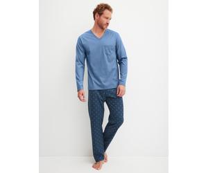 Schlafanzug CALIDA "Relax Imprint 2", Damen, Gr. L (52/54), coronet blau, Single Jersey, Obermaterial: 100% Baumwolle, bequem lang, V-Ausschnitt, Homewear-Sets Schlafanzug, atmungsaktiv, Cotton, leich