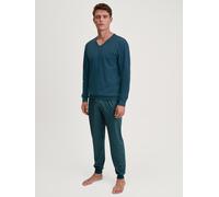Schlafanzug CALIDA "Relax Imprint 3", Damen, Gr. S (46/48), blau (deep petrol), Single Jersey, Obermaterial: 100% Baumwolle, bequem lang, V-Ausschnitt, angesetztes Bündchen, Homewear-Sets Schlafanzug,