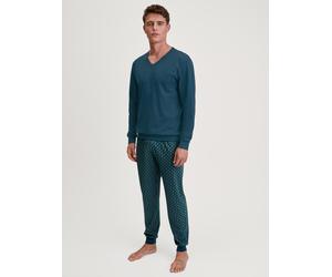 Schlafanzug CALIDA "Relax Imprint 3", Damen, Gr. S (46/48), blau (deep petrol), Single Jersey, Obermaterial: 100% Baumwolle, bequem lang, V-Ausschnitt, angesetztes Bündchen, Homewear-Sets Schlafanzug,