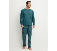Schlafanzug CALIDA "Relax Streamline 3", Damen, Gr. XL (56), grün (schwarz petrol), Interlock, Obermaterial: 100% Baumwolle, bequem lang, Rundhals, Homewear-Sets Schlafanzug, Langarm-Shirt mit eingefa
