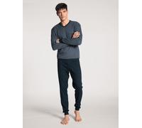 Schlafanzug CALIDA "Relax Streamline", Herren, Gr. M (50), blau (schwarz sapphire), Interlock, Obermaterial: 100% Baumwolle, unifarben, normal lang, V-Ausschnitt, Rippbündchen, Homewear-Sets Schlafanz