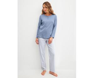 Schlafanzug CALIDA "Striped Dreams", Damen, Gr. L (48/50), blau (aura blau), Interlock, Obermaterial: 100% Baumwolle, bequem lang, Rundhals, Homewear-Sets Schlafanzug, aus weicher Interlock-Qualität, 