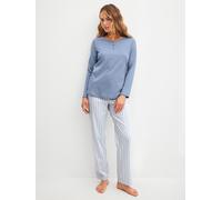 Schlafanzug CALIDA "Striped Dreams", Damen, Gr. S (40/42), aura blau, Interlock, Obermaterial: 100% Baumwolle, bequem lang, Rundhals, Homewear-Sets Schlafanzug, aus weicher Interlock-Qualität, mit lan