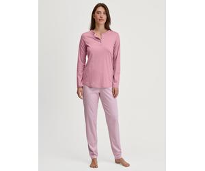 Schlafanzug CALIDA "Striped Dreams", Damen, Gr. XXS (32/34), lila (lilas), Interlock, Obermaterial: 100% Baumwolle, bequem lang, Rundhals, Homewear-Sets Schlafanzug, mit Kopfleiste, Interlock-Qualität