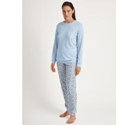 Schlafanzug CALIDA "Sweet Dreams", Damen, Gr. L (48/50), blau (arctic ice), Interlock, Obermaterial: 100% Baumwolle, gemustert, bequem lang, Rundhals, angesetztes Bündchen, Homewear-Sets Schlafanzug,
