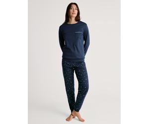 Schlafanzug CALIDA "Sweet Dreams", Damen, Gr. L (48/50), blau (peacoat blau), Interlock, Obermaterial: 100% Baumwolle, bequem lang, Rundhals, angesetztes Bündchen, Homewear-Sets Schlafanzug, Langarm,