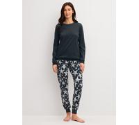 Schlafanzug CALIDA "Winter Dreams", Damen, Gr. M (44/46), schwarz (blau night), Interlock, Obermaterial: 100% Baumwolle, bequem lang, Rundhals, angesetztes Bündchen, Homewear-Sets Schlafanzug, Langarm