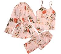 Schlafanzug Damen 3 Teiler - Hausanzug Pyjama Langarm Nachthemd Lounge Schlafanzüge Nachtwäsche Nachthemd Mit Blumen Bademantel Muster Morgenmantel Sommer Saunamantel Kimono Unterhemd Top Lang Hose